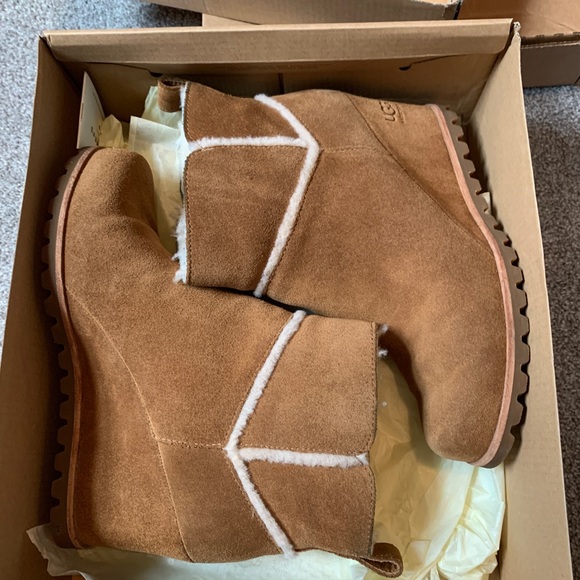 UGG Chestnut Suede Wedge Ankle Boots with Shearling Trim - Picture 4 of 7